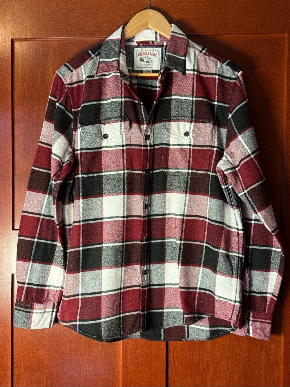 American Eagle Maroon Plaid Flannel Shirt Medium Cotton Lumberjack